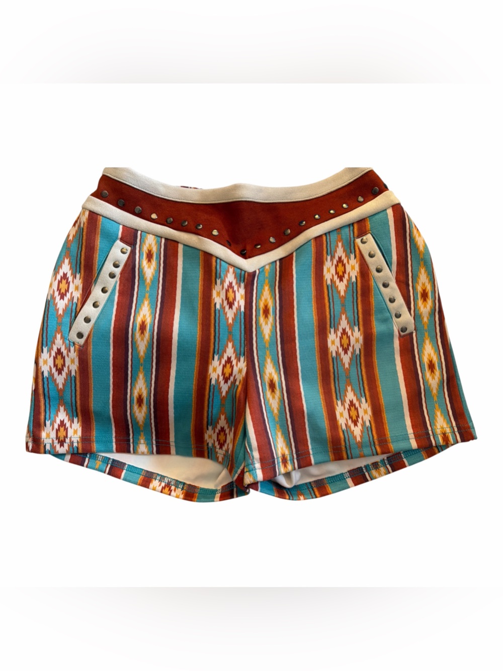 Crazy Train Southwestern Stripe High-Waist Shorts - Turquoise, Brown & Cream